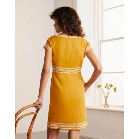 Boden Shift Dress Women 10 NEW 100% Linen Shift Mini Tuscan Yellow Embroidered - Picture 3 of 13